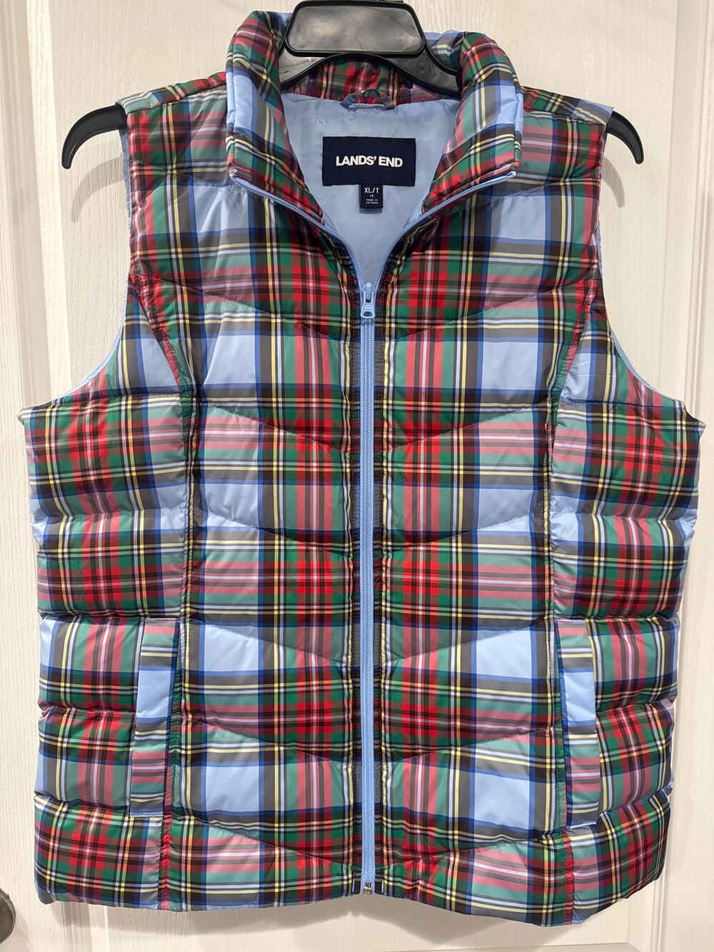 Lands’ End Women’s XL Tall Down Puffer Vest Blue Plaid Tartan Full Zip